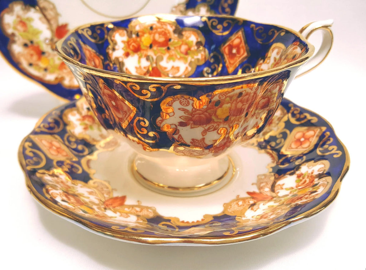 Royal Albert | 'Heirloom' Pattern No. 4534 | Bone China Trio (Teacup, Saucer & Side Plate) | Cobalt Blue, Burnt Orange & 22ct Gold | Made in England | Mint Unused Condition