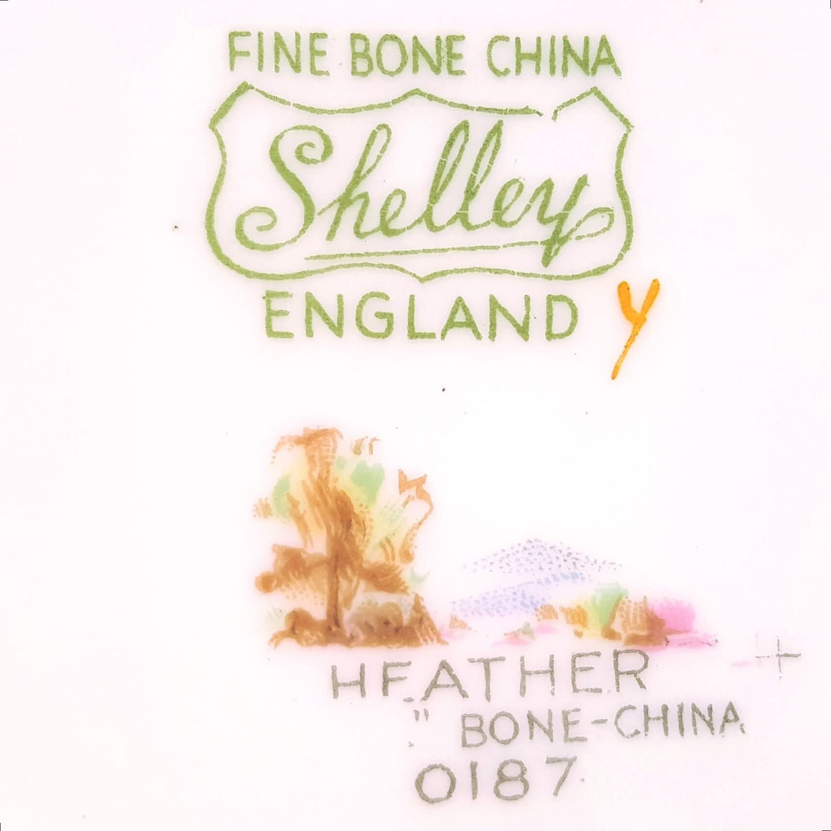 Shelley | 'Heather' — Scenic Series, Pattern 0187 | Six Trios | New Cambridge Shape | Fine Bone China | Circa 1940s | Good Used Condition