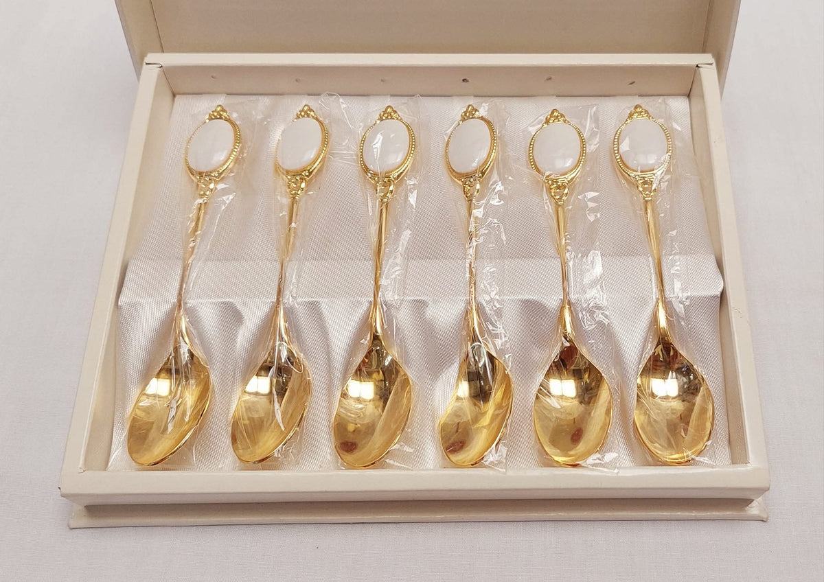Ultra Rare Vintage Royal Albert Val D'Or Gold Plated Teaspoon Set — Complete Set of 6, Original Box, Mint Condition