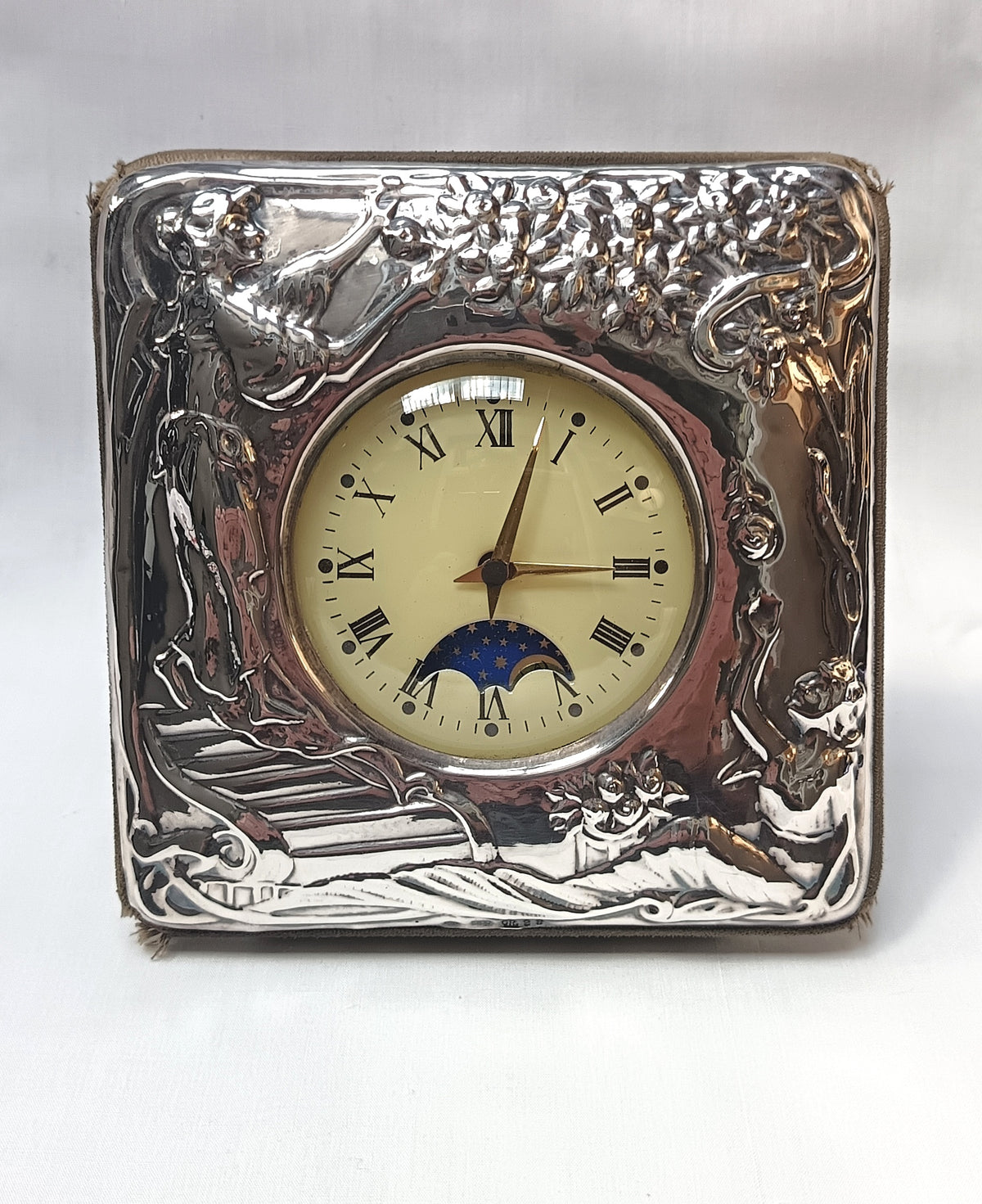 Vintage 925 Sterling Silver Art Nouveau Desk Clock — Repoussé Maiden & Moonphase Dial, Florence Italy