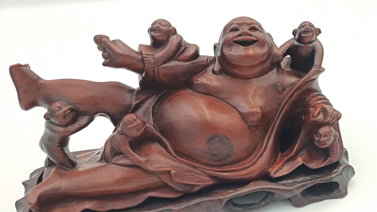 Chinese | Budai with Five Children | Hand-Carved Hardwood Figure Group | On Pierced Display Stand | 20th Century