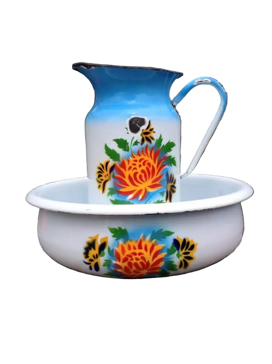 Enamelware Washbowl and Jug | Stencilled Floral Decoration | Enamelled Steel | Mid-to-Late Twentieth Century