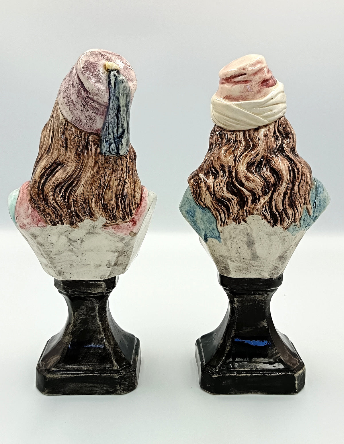 Pair of Orientalist Pottery Busts on Pedestals, photo 2 of 12