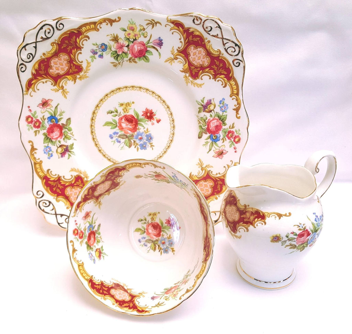 Tuscan Fine Bone China | Windsor | Cake Plate, Sugar Bowl & Milk Jug | Crimson & Gold Rococo | Circa late 1940s–1950s