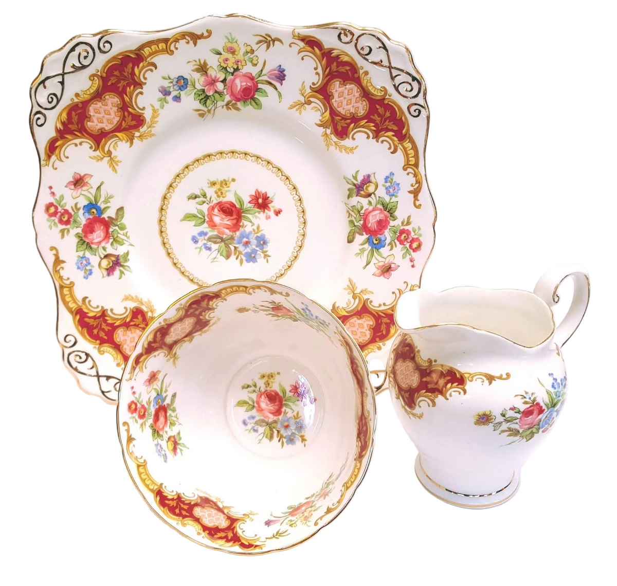 Tuscan Fine Bone China | Windsor | Cake Plate, Sugar Bowl & Milk Jug | Crimson & Gold Rococo | Circa late 1940s–1950s