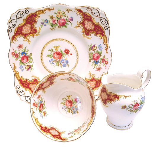 Tuscan Fine Bone China | Windsor | Cake Plate, Sugar Bowl & Milk Jug | Crimson & Gold Rococo | Circa late 1940s–1950s
