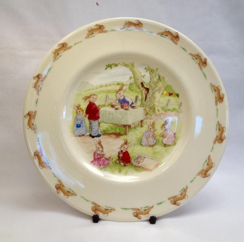 Royal Doulton 'Bunnykins' Bone China Baby Plate & Porridge Bowl — Outdoor Party & Bathtime Scenes, England — Duo