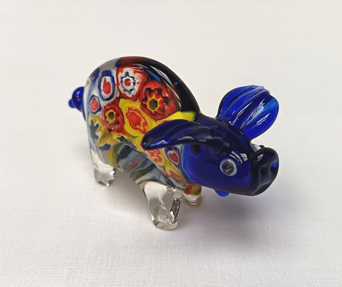 Murano-Style | Millefiori Art Glass | Pig Figurine | Cobalt Blue & Clear | Vintage