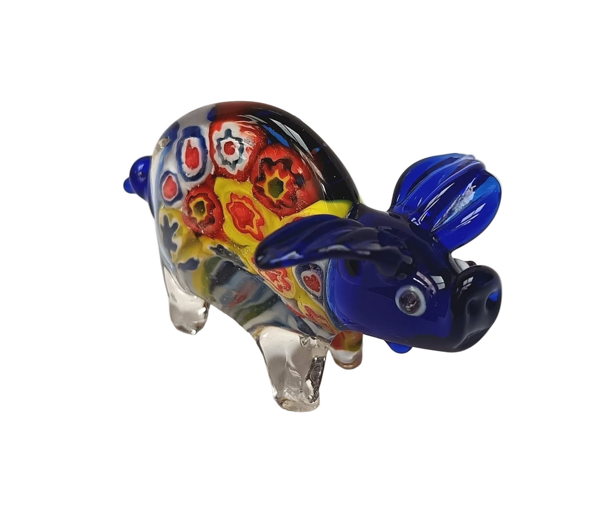 Murano-Style | Millefiori Art Glass | Pig Figurine | Cobalt Blue & Clear | Vintage