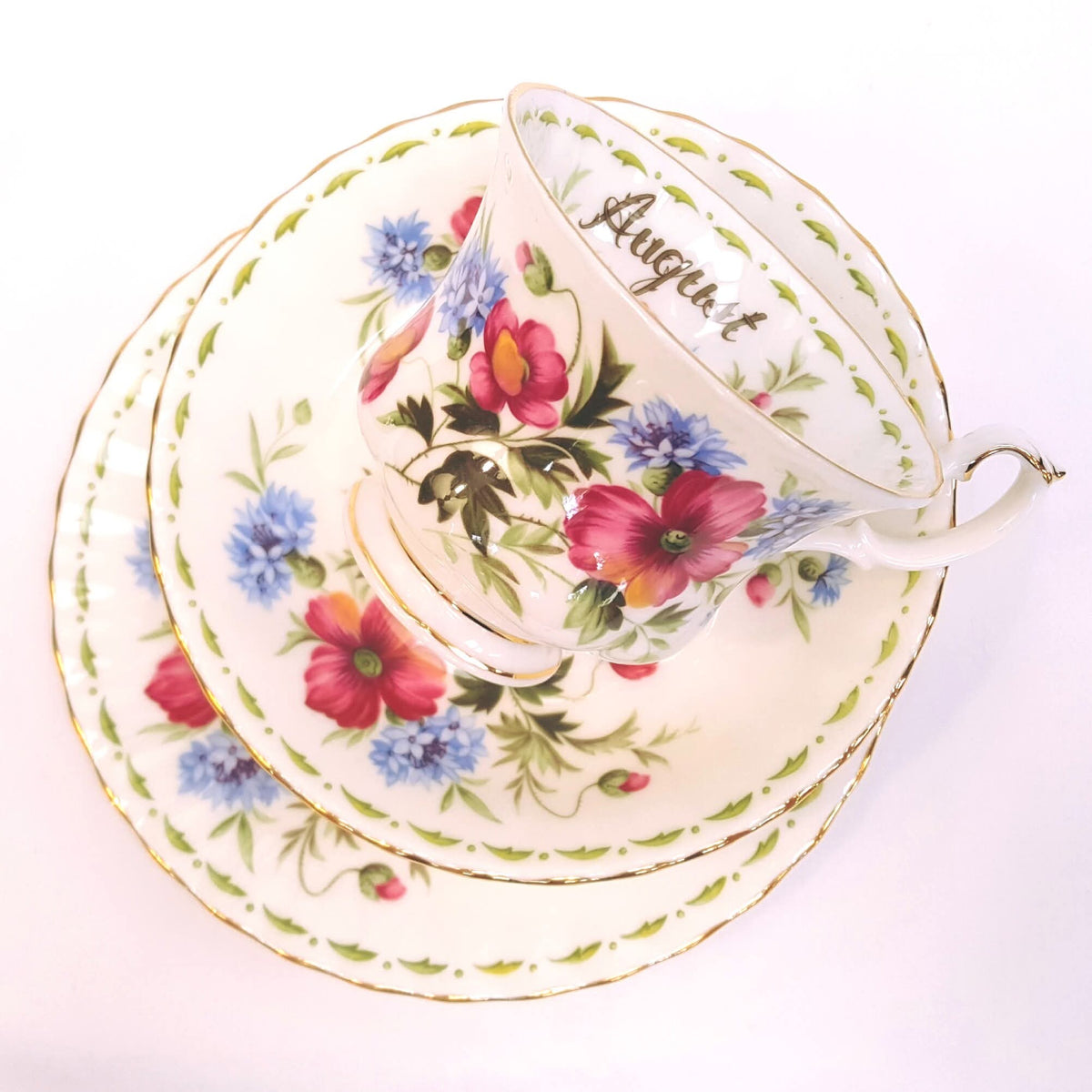 Royal Albert | Flower of the Month Series | August — Poppy | Trio: Cup, Saucer & Side Plate | © 1970 First Production | Bone China | England | Mint Unused Condition