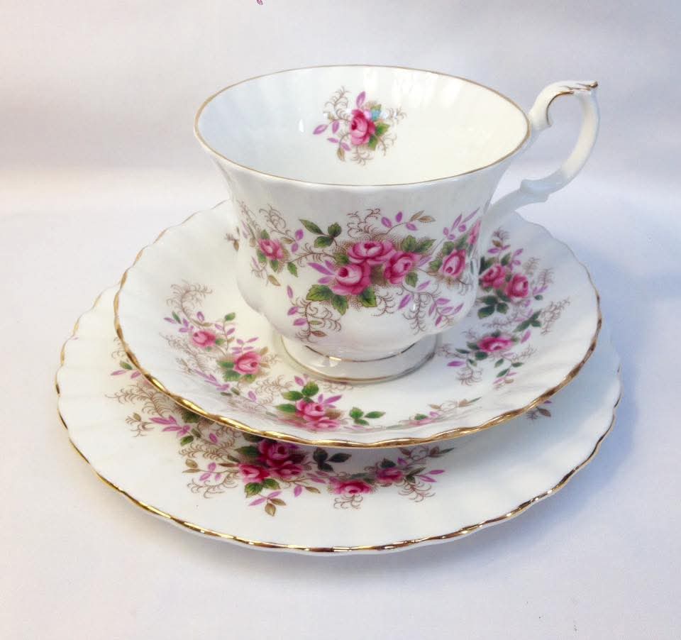 Royal Albert 'Lavender Rose' Bone China Trios — Pink Roses & Gilt Lace Scrollwork on White, England, c.1950s–1970s — Set of Three