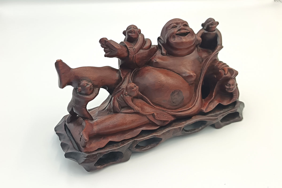 Chinese | Budai with Five Children | Hand-Carved Hardwood Figure Group | On Pierced Display Stand | 20th Century