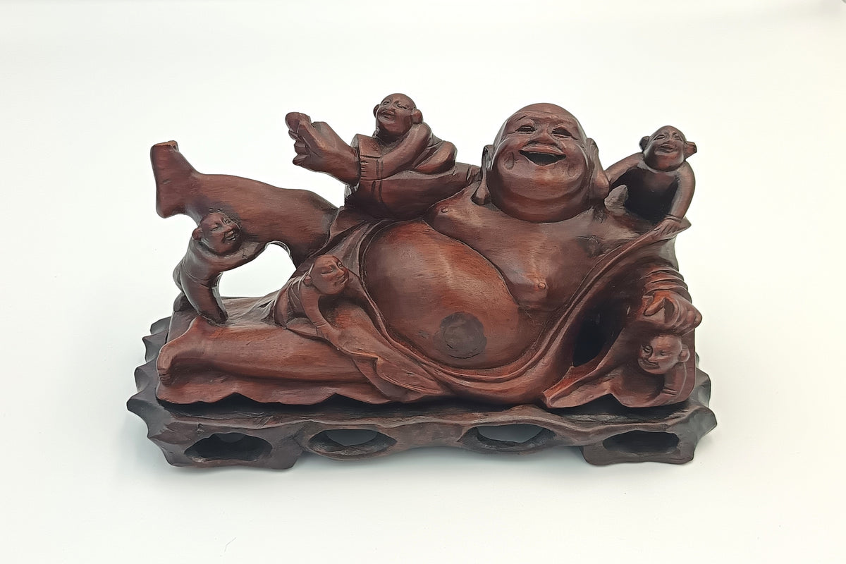 Chinese | Budai with Five Children | Hand-Carved Hardwood Figure Group | On Pierced Display Stand | 20th Century