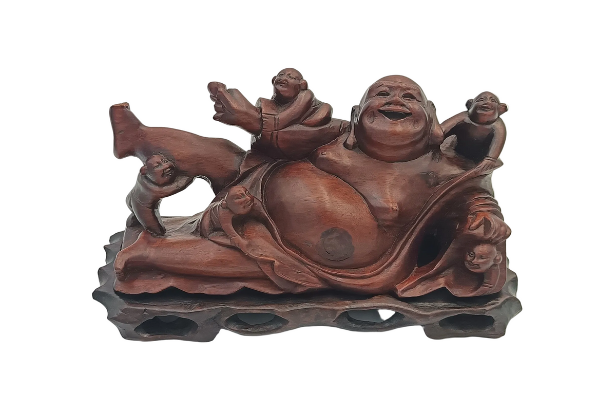 Chinese | Budai with Five Children | Hand-Carved Hardwood Figure Group | On Pierced Display Stand | 20th Century