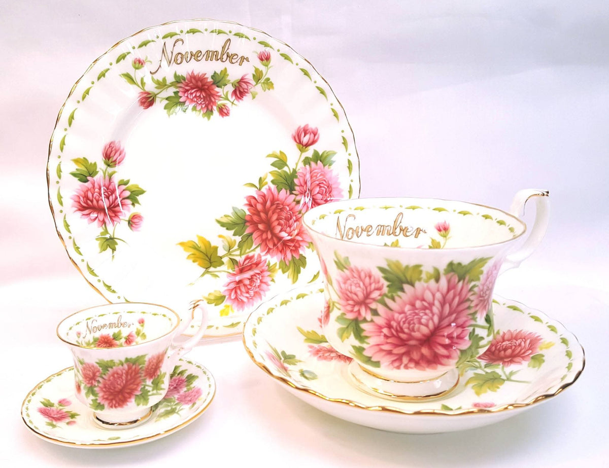 Royal Albert | Flower of the Month Series | November — Chrysanthemum | Full Trio & Miniature Duo | Bone China | England | Mint Unused Condition