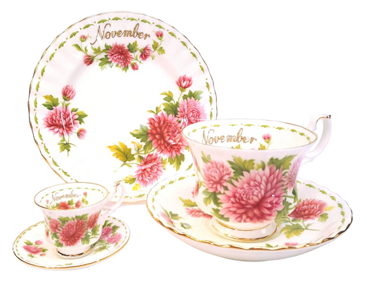 Royal Albert | Flower of the Month Series | November — Chrysanthemum | Full Trio & Miniature Duo | Bone China | England | Mint Unused Condition