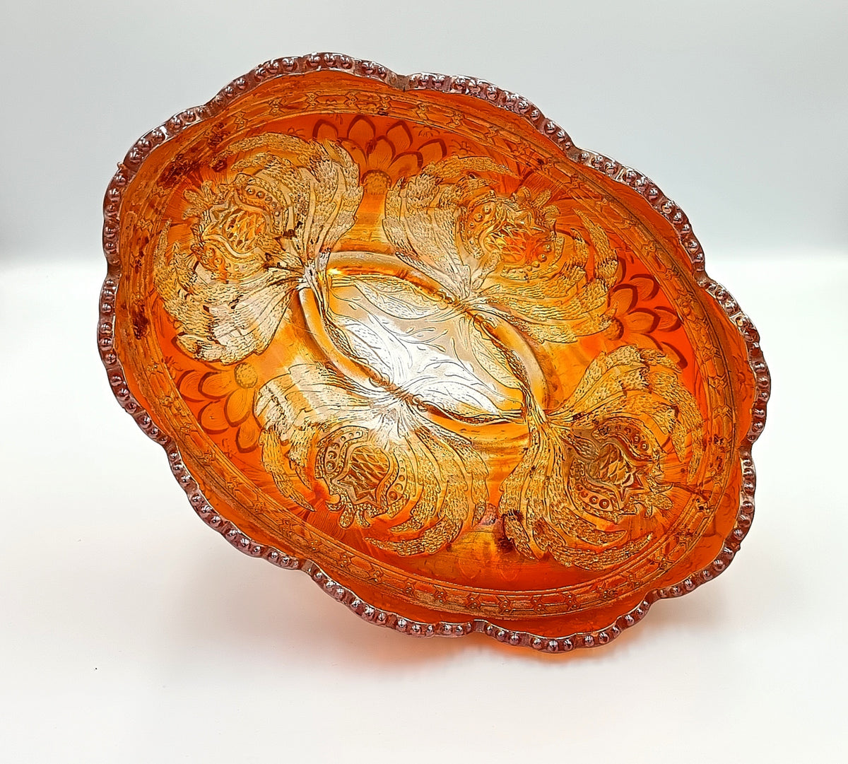 Fenton Thistle Carnival Glass Banana Boat, Marigold, photo 8 of 9