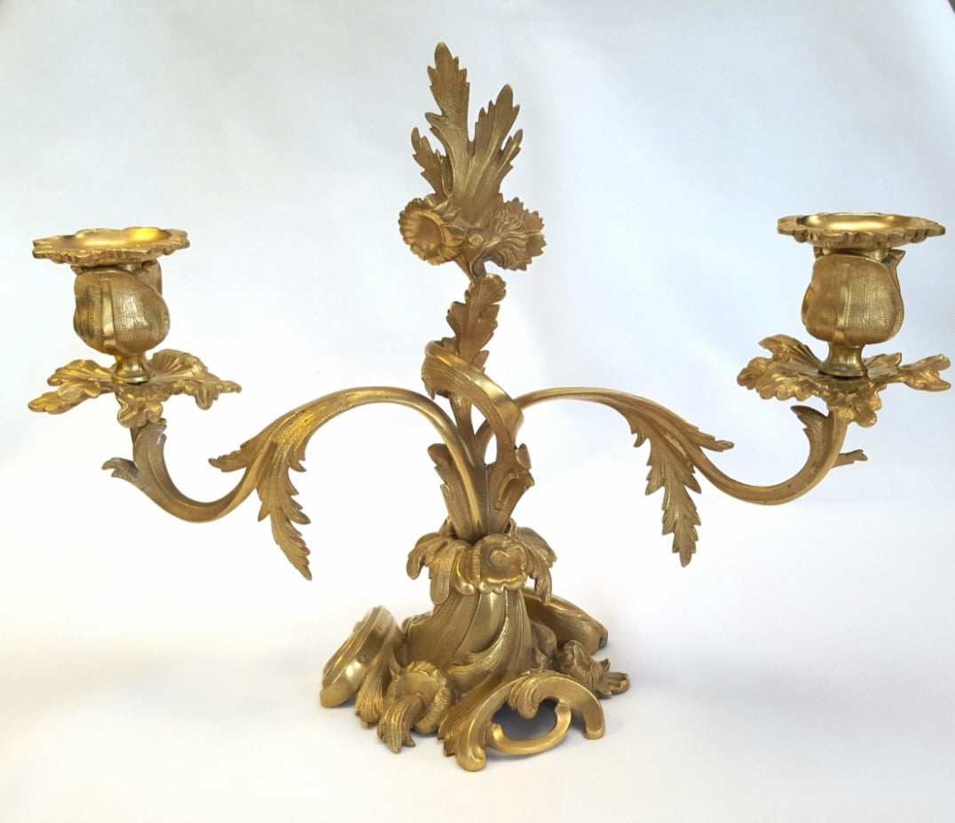 Pair of French Louis XV Style Gilt Bronze (Ormolu) Two-Light Candelabra