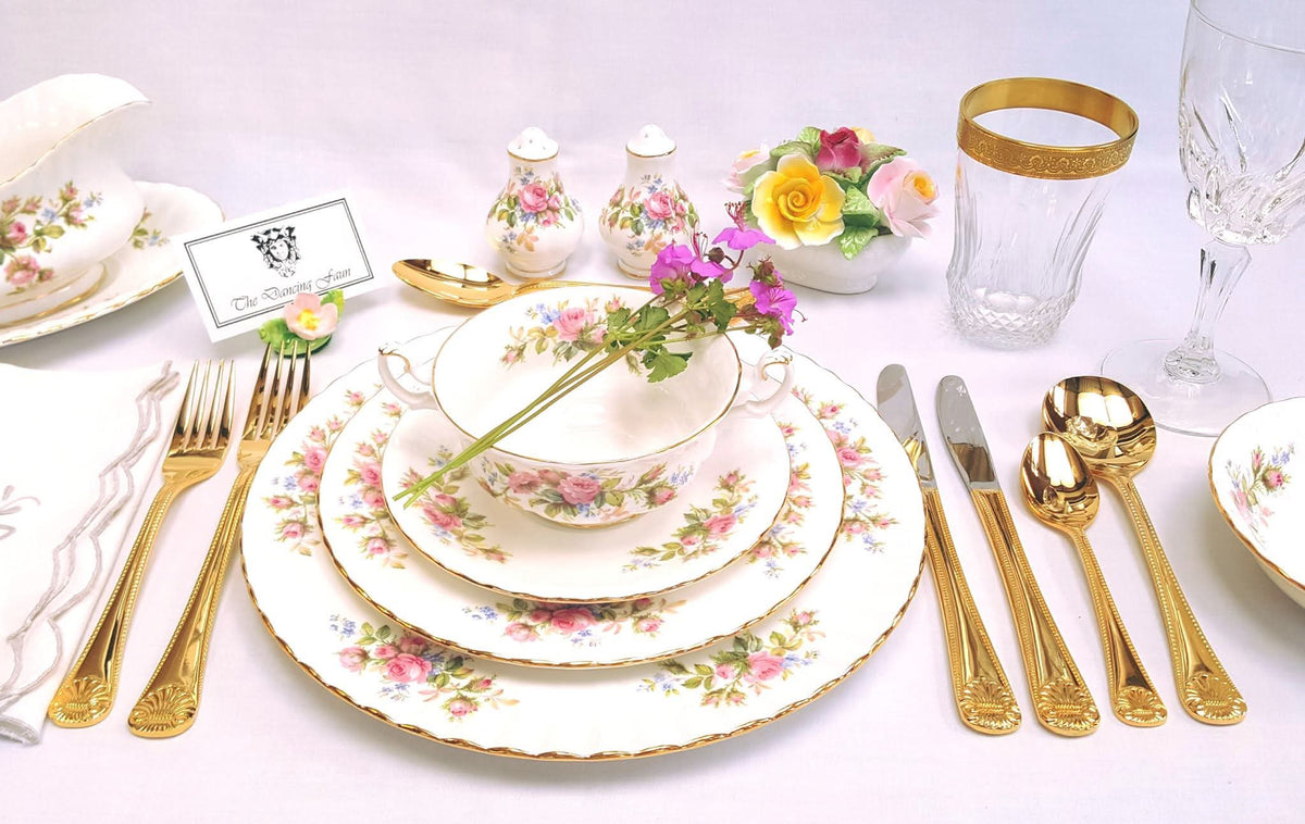 Royal Albert | Moss Rose | 47-Piece Dinner Service | Scalloped Form | Rope-Twist Gilt Edge | All Serving Pieces Intact | Mint Condition