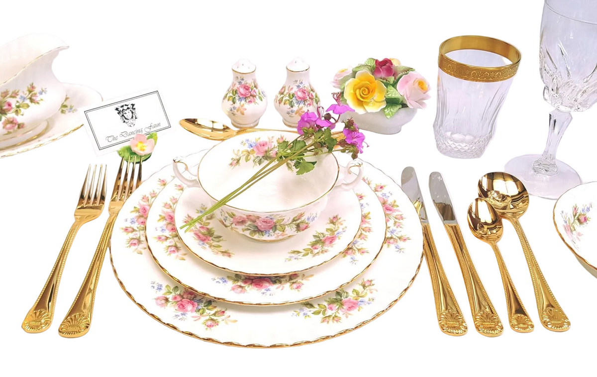 Royal Albert | Moss Rose | 47-Piece Dinner Service | Scalloped Form | Rope-Twist Gilt Edge | All Serving Pieces Intact | Mint Condition