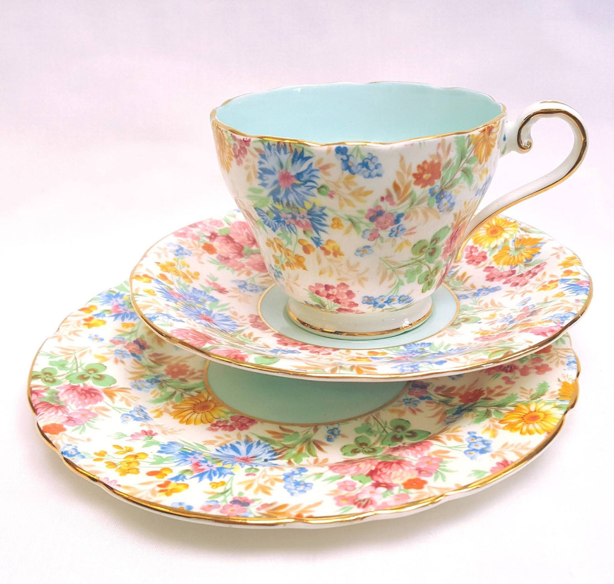 Aynsley | 'Summer Chintz' Pattern C802 | Part Tea Service — Three Trios, Milk Jug & Sugar Bowl | Bone China | Circa 1940s | Excellent Condition