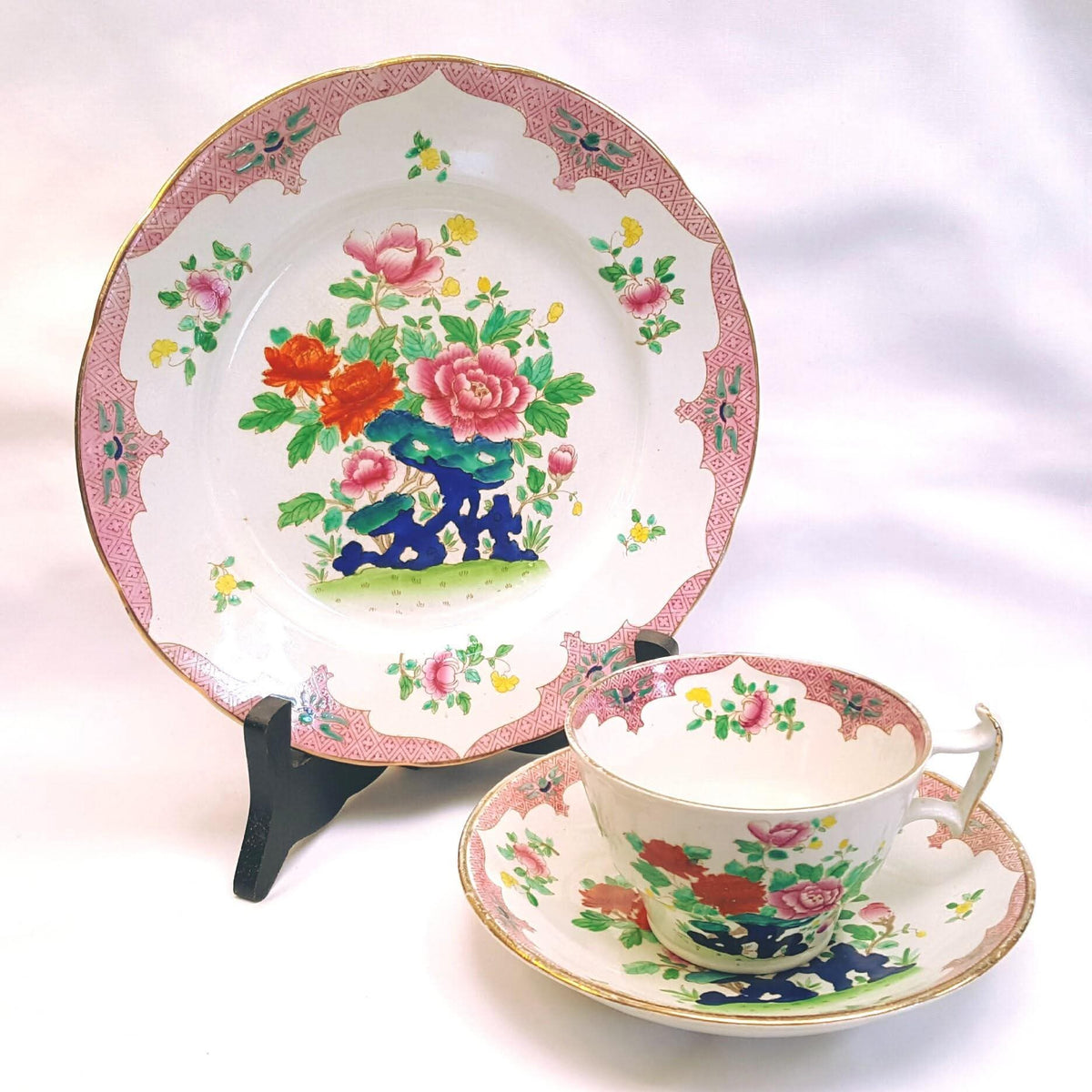 Booths | Mandarin | Six-Cup Teapot & Two Trios | Transferware Chinoiserie with Hand-Applied Colour | Circa 1906