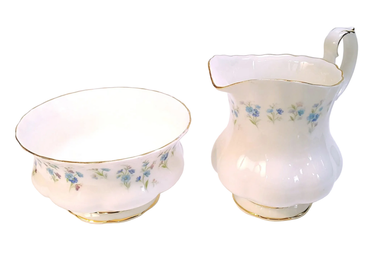 Royal Albert | 'Memory Lane' | Large Cream Jug & Open Sugar Bowl | Forget-Me-Not Floral Spray Border | Gold Line Detail | Made in England | Very Good Condition