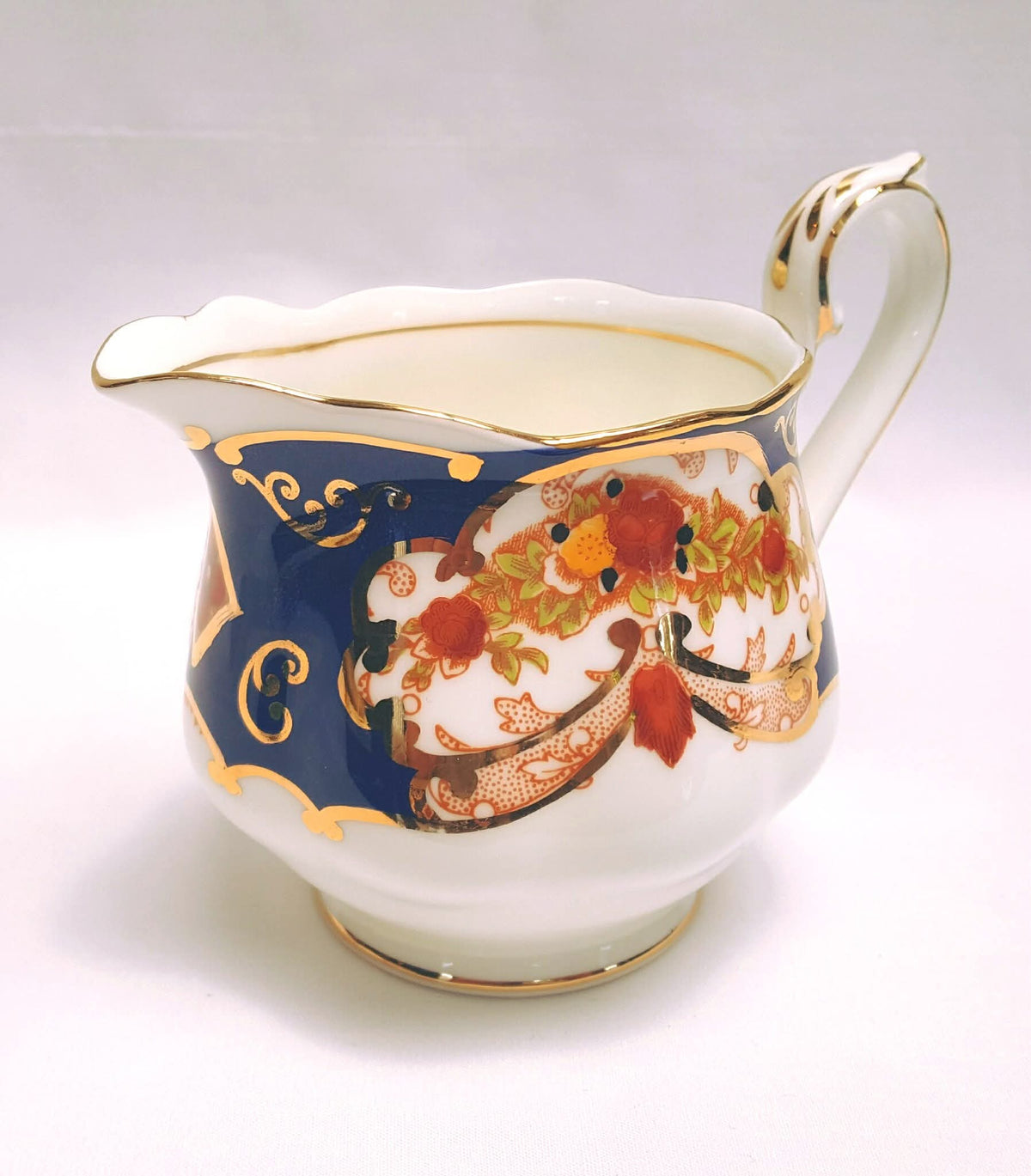 Royal Albert 'Heirloom' | Pattern No. 4534 | Large Handled Cake Plate, Large Milk Jug & Large Open Sugar Bowl | Imari-Style Cobalt Blue, Burnt Orange & 22ct Gold | Made in England | Mint Unused Condition