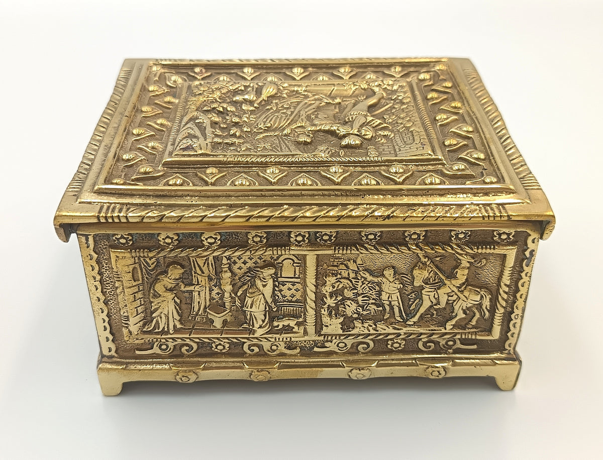 Embossed Brass Jewellery Casket | Medieval Revival Figural Panels | Cedar-Lined Interior | European, Late 19th–Early 20th Century
