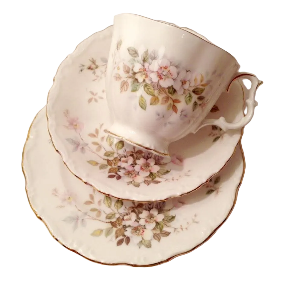 Royal Albert 'Haworth' Bone China Trios — Wild Rose Spray on White, England, © 1982 — Set of Five
