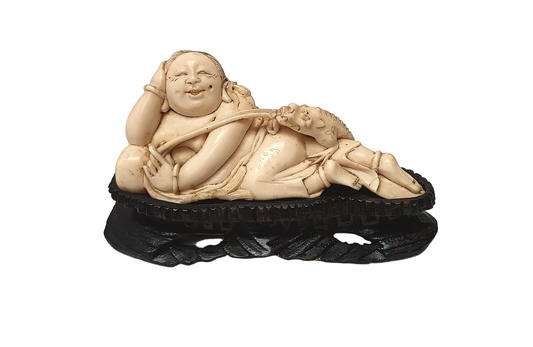 Charming Antique Japanese Figural Netsuke – Hotei with Small Dragon