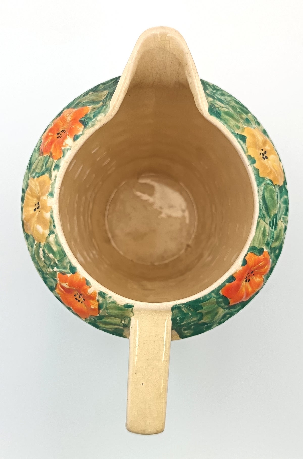 Arthur Wood | Earthenware | Basketweave Jug | Moulded Floral Collar | c.1934–1940s