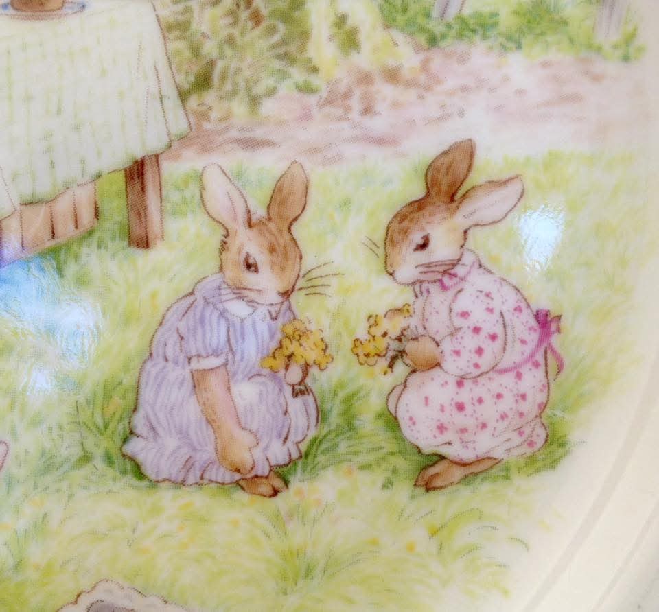 Royal Doulton 'Bunnykins' Bone China Baby Plate & Porridge Bowl — Outdoor Party & Bathtime Scenes, England — Duo