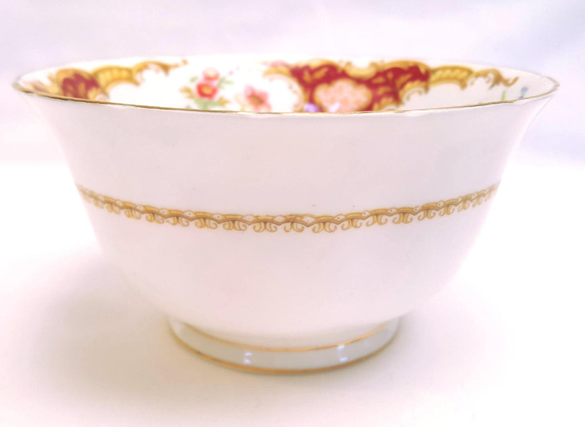 Tuscan Fine Bone China | Windsor | Cake Plate, Sugar Bowl & Milk Jug | Crimson & Gold Rococo | Circa late 1940s–1950s