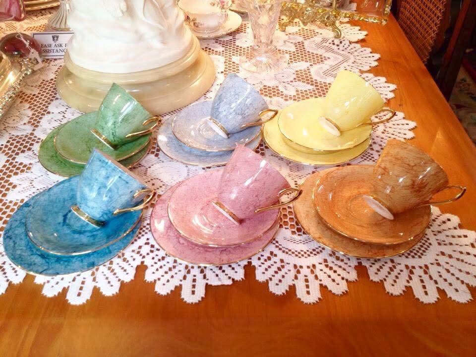 Royal Albert | Gossamer | Teacup, Saucer and Side Plate Trio | Bone China | England | c.1950s | Complete Set of Six — One Trio in Each Colourway