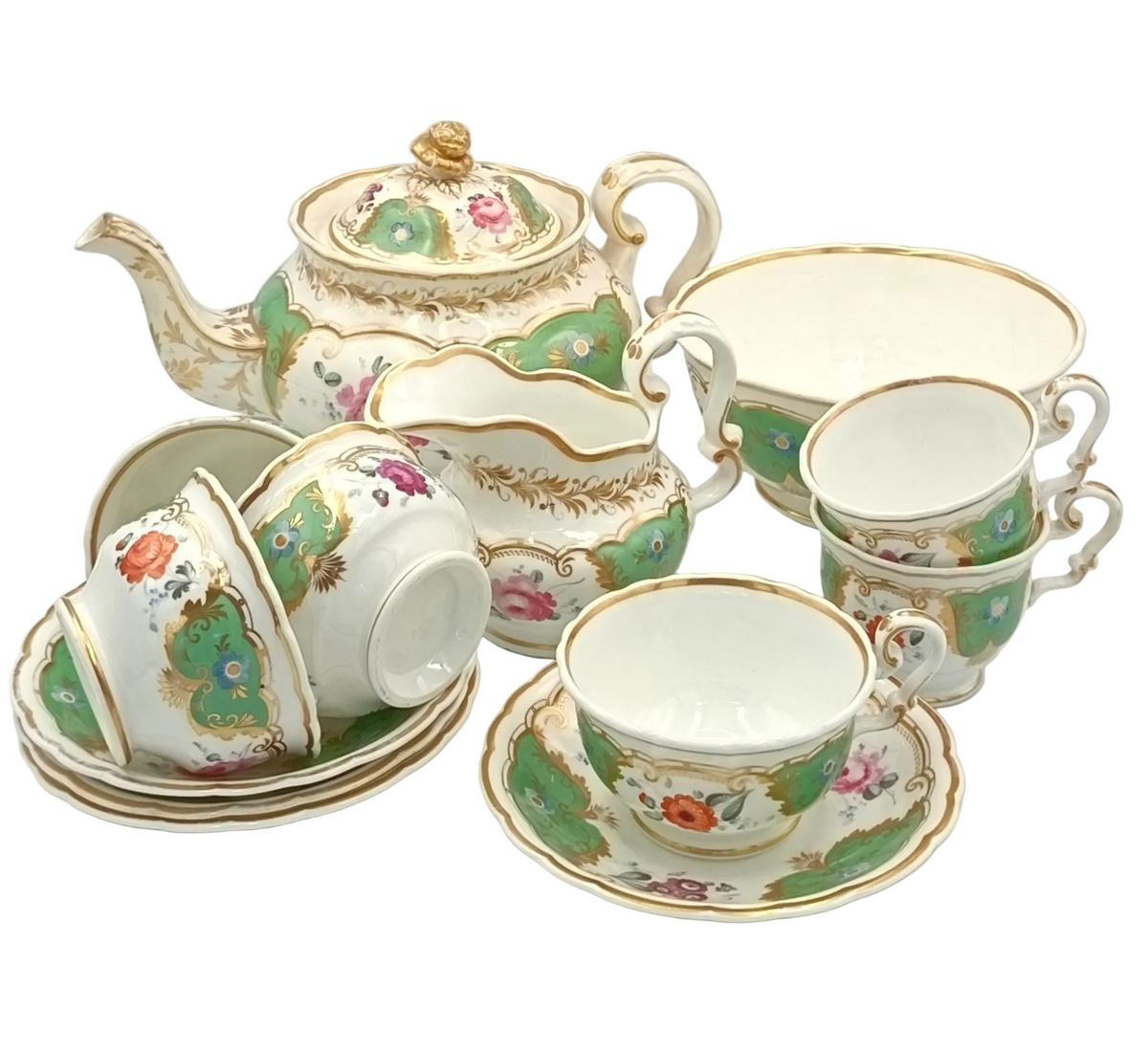 English Porcelain | Part Tea Service | Green Ground with Gilt Acanthus and Hand-Painted Flower Reserves | Pattern 239 | c.1820–1840 | 13 Pieces