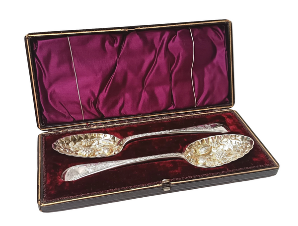 Pair of Silver-Plated Berry Spoons | Gilded Repoussé Fruit Bowls | Original Fitted Case | Victorian | c.1860s–1890s