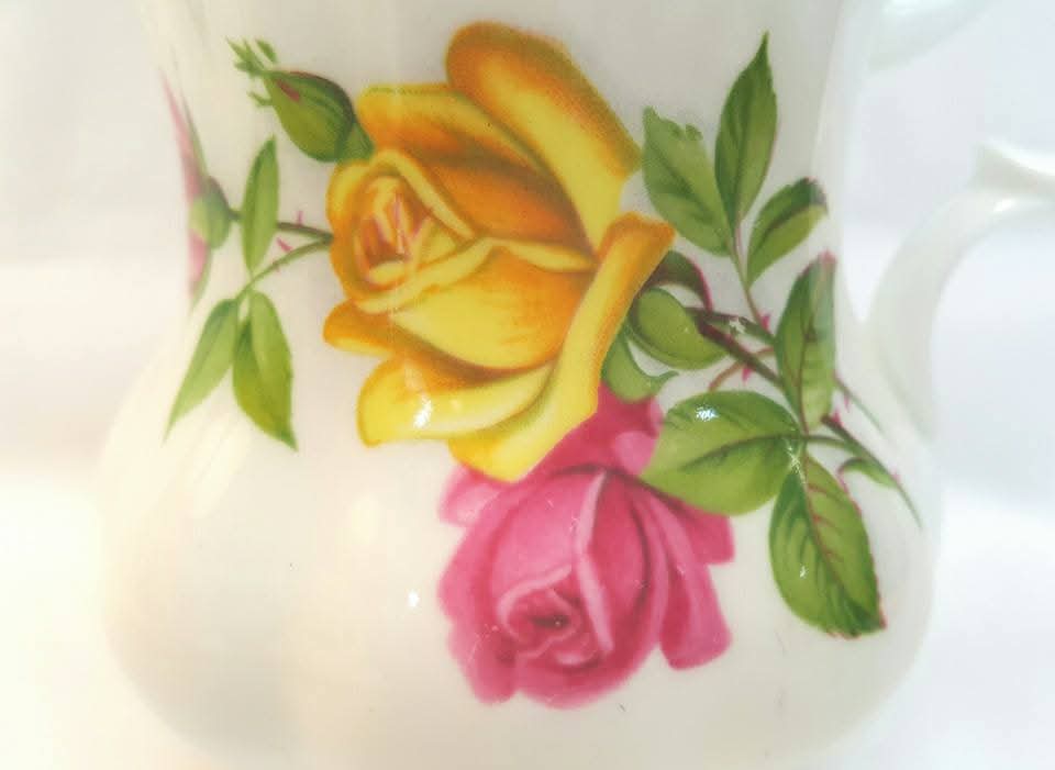 Royal Albert | Unnamed Yellow and Pink Rose | Large Milk Jug and Open Sugar Bowl | Bone China | 1970s–1980s