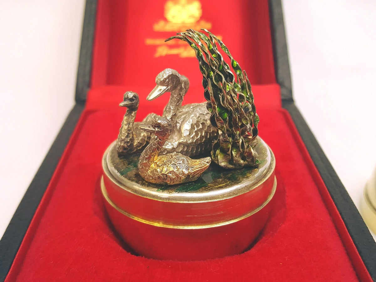 Stuart Devlin | Silver-Gilt 'Surprise' Egg | Mother Swan & Three Cygnets with Green Enamel Foliage | Limited Edition No. 70 | London Hallmarked 1984 | Royal Warrant Presentation Case | Exceptional Collector's Piece