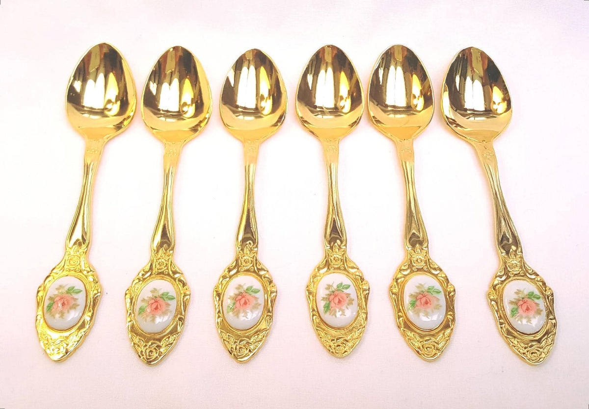 Eetrite | 24-Carat Gold-Plated Teaspoons & Sugar Spoons | Rococo Rose Pattern with Porcelain Cameo Insets | South Africa