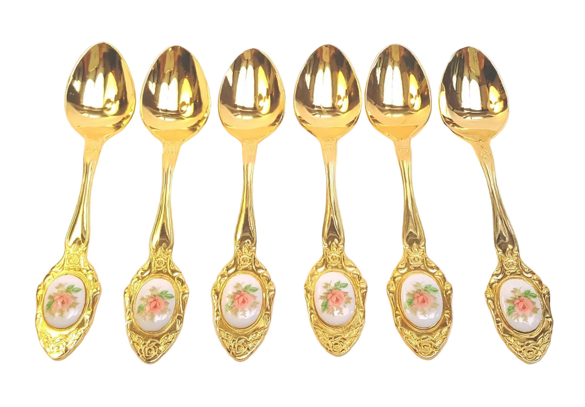 Eetrite | 24-Carat Gold-Plated Teaspoons & Sugar Spoons | Rococo Rose Pattern with Porcelain Cameo Insets | South Africa