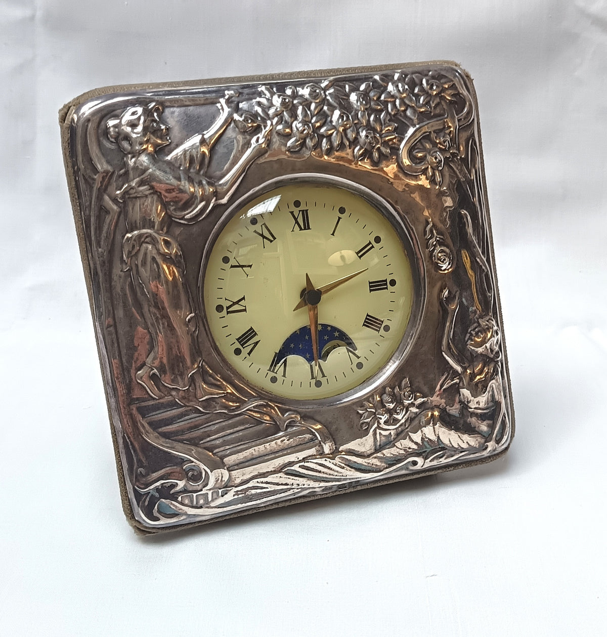 Vintage 925 Sterling Silver Art Nouveau Desk Clock — Repoussé Maiden & Moonphase Dial, Florence Italy