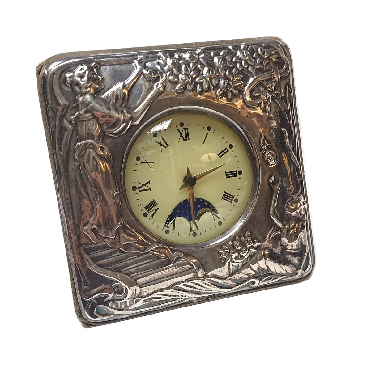 Vintage 925 Sterling Silver Art Nouveau Desk Clock — Repoussé Maiden & Moonphase Dial, Florence Italy