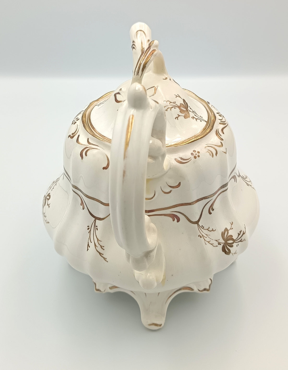 Victorian | White Earthenware | Footed Teapot | Hand-Painted Gilt Rococo Revival Decoration | c.1840–1870 | Pattern No. 1398