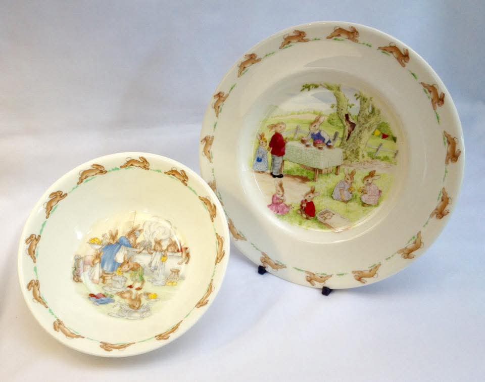 Royal Doulton 'Bunnykins' Bone China Baby Plate & Porridge Bowl — Outdoor Party & Bathtime Scenes, England — Duo