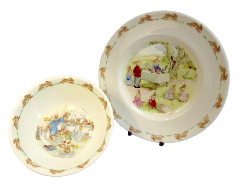 Royal Doulton 'Bunnykins' Bone China Baby Plate & Porridge Bowl — Outdoor Party & Bathtime Scenes, England — Duo