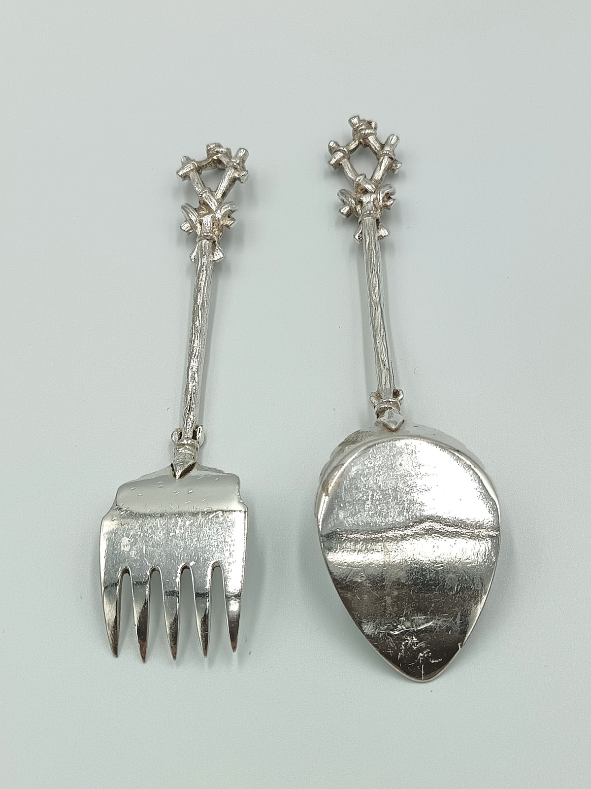 Antique Silver Plate Serving Set | Rustic Twig & Knotwork Handles | Pastry/Cake Server & Fork | Victorian Aesthetic Style | Good Antique Condition
