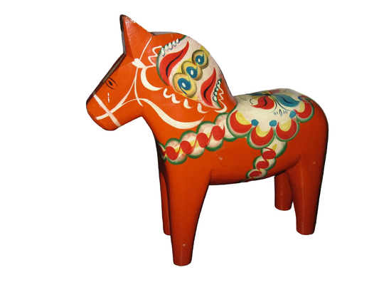 Traditional Swedish Dala Horse | Hand-Painted Carved Wood | Kurbits Decoration | Sweden | 20th Century