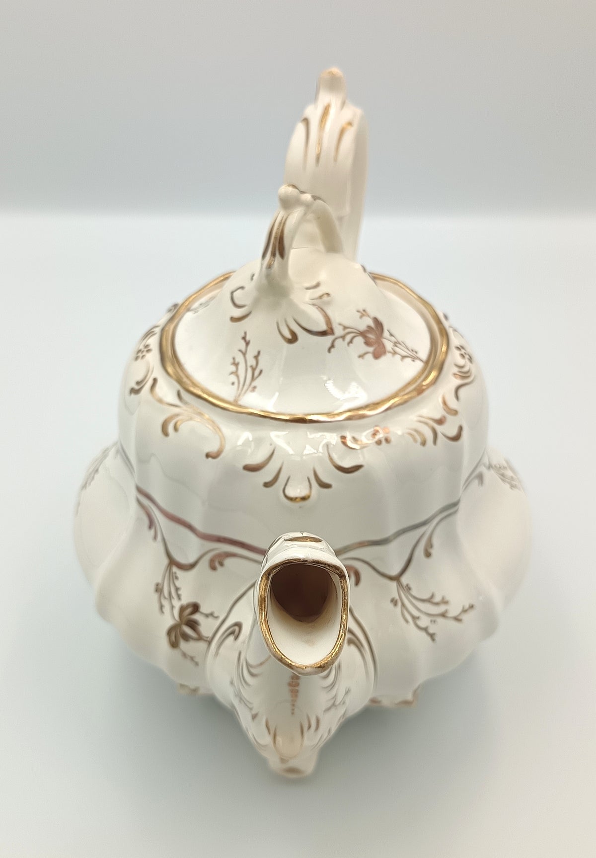 Victorian | White Earthenware | Footed Teapot | Hand-Painted Gilt Rococo Revival Decoration | c.1840–1870 | Pattern No. 1398