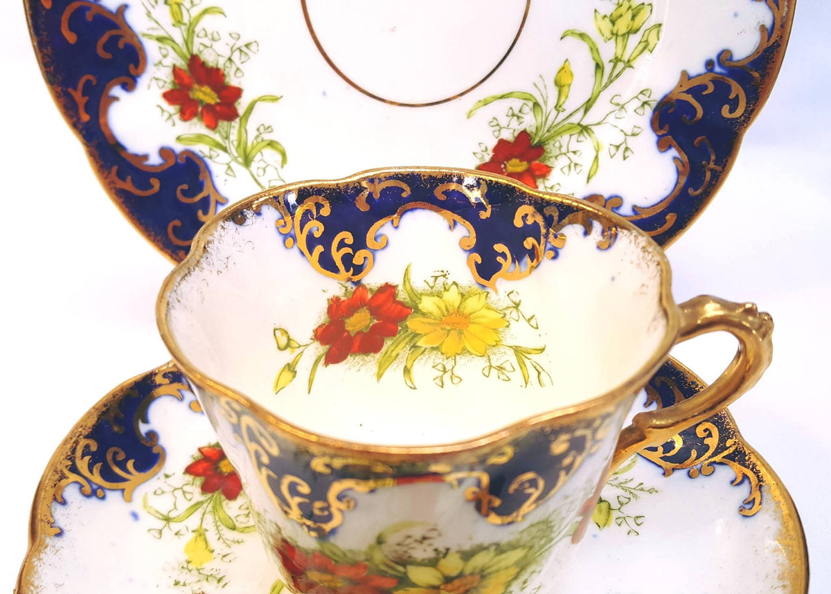 Royal Albert Crown China | 'Gem' Shape | Hand-Painted Cobalt, Gold Scrollwork & Floral Trio | Circa 1905–1907 | Mint Unused Condition